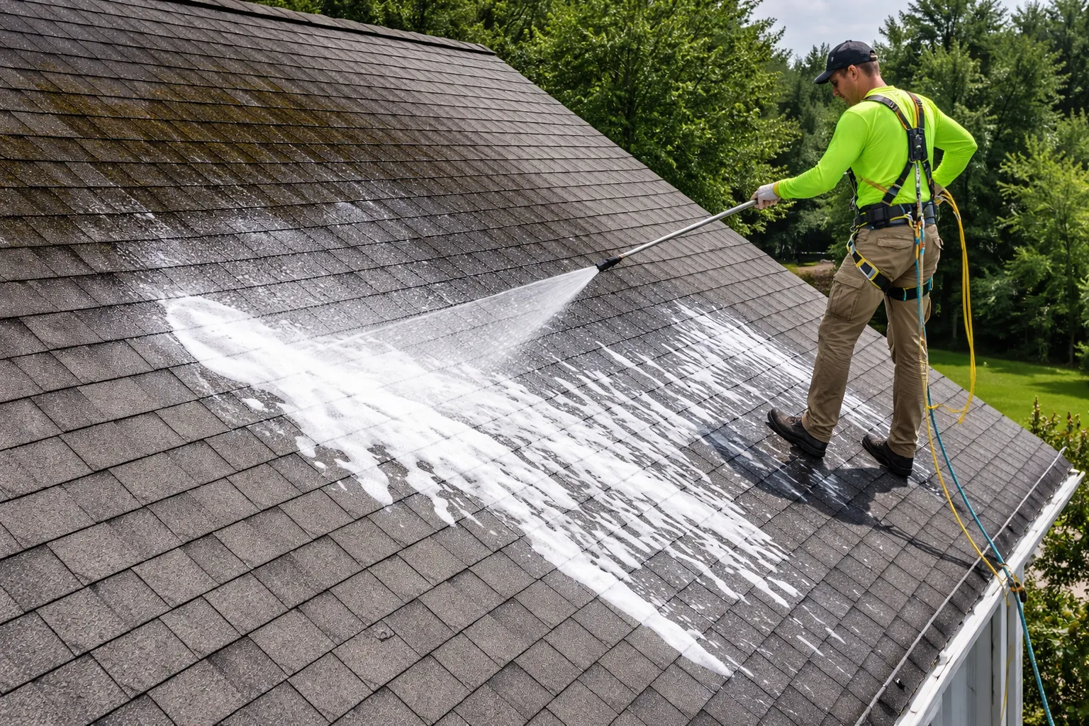 Soft-wash roof cleaning removing algae and black streaks from a shingle roof
